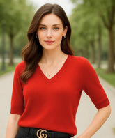 Blusa tricot feminina gola V em modal vermelho elegante com caimento impecável para looks sofisticados ANELLIMN